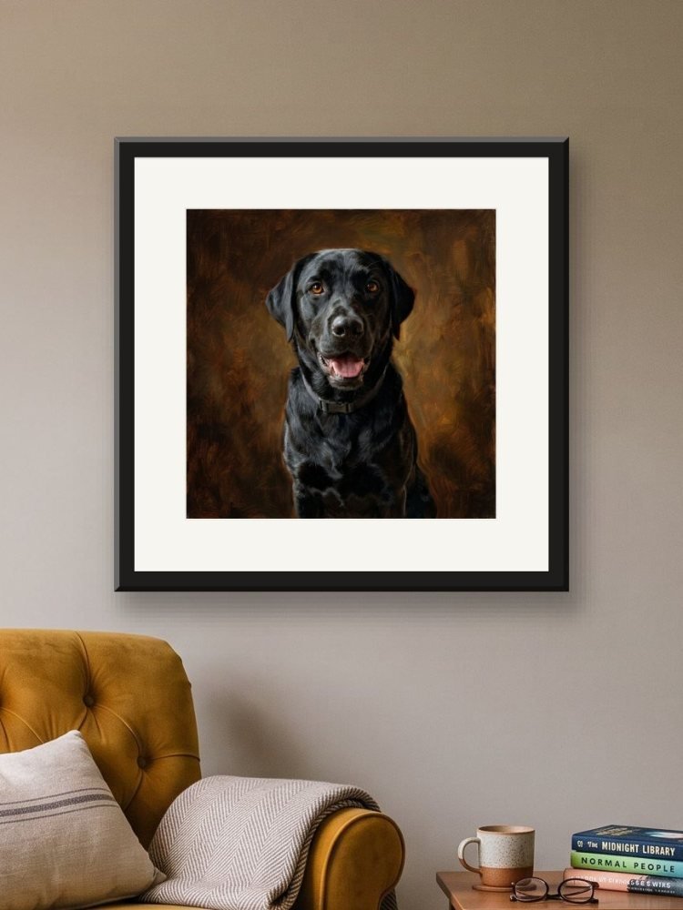 Classic Oil created square, in a square frame on a wall