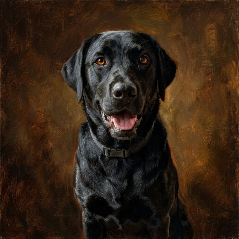 Classic Oil square portrait of a black labrador