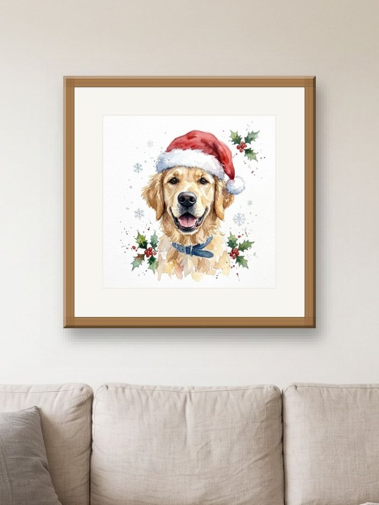 Festive Watercolour created square, in a square frame on a wall