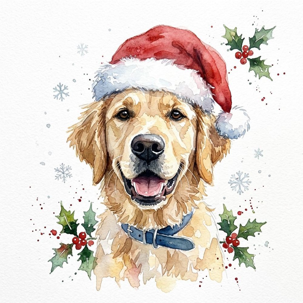 Festive Watercolour created square, of a golden retriever