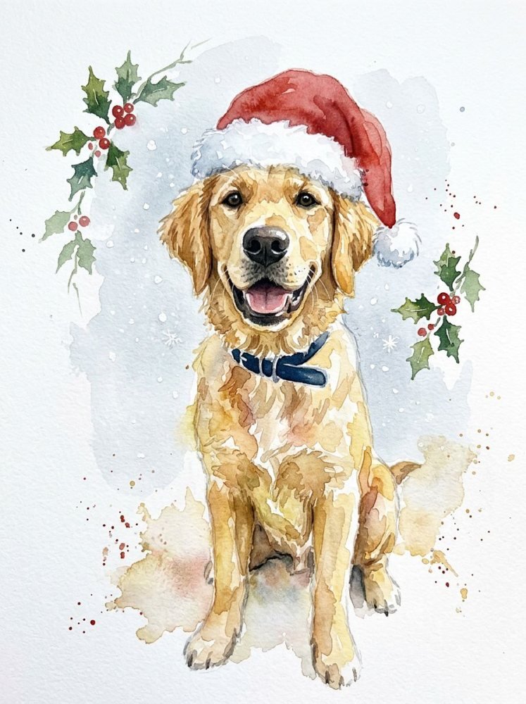 Festive Watercolour portrait of a golden retriever