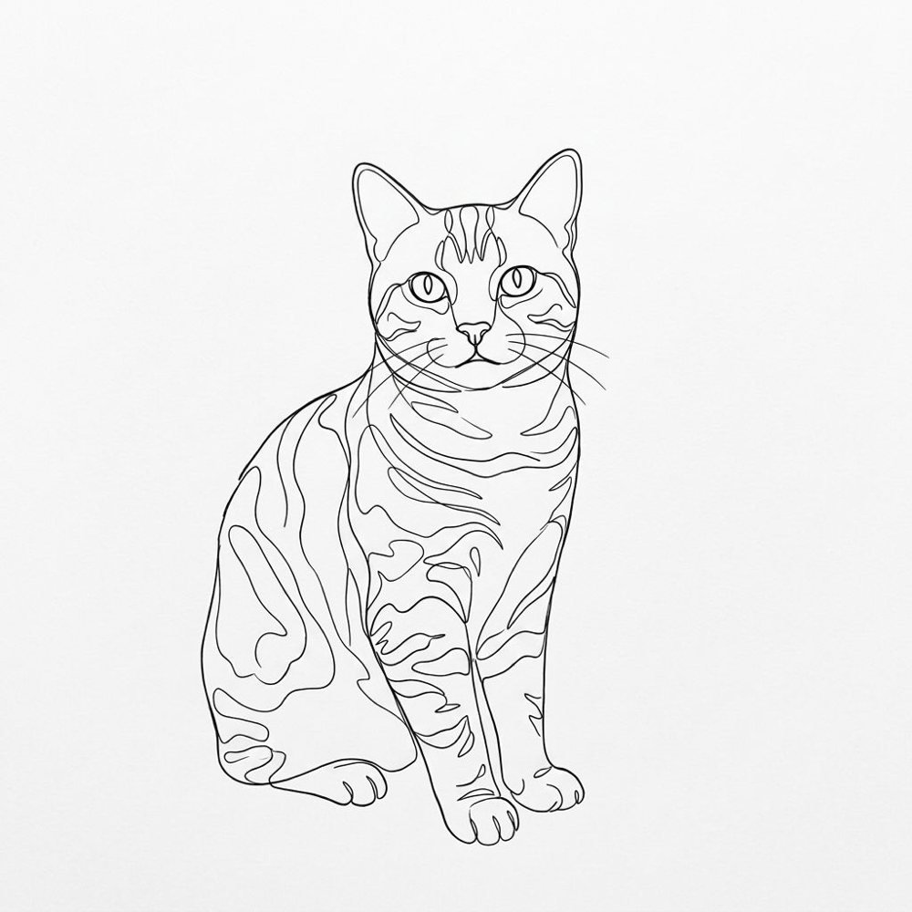 Minimal Line Art created square, of a tabby cat