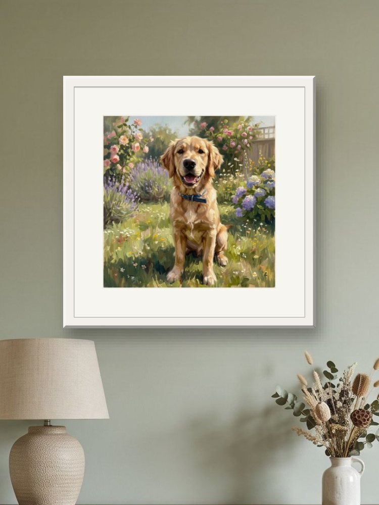 Oil in the Garden created square, in a square frame on a wall