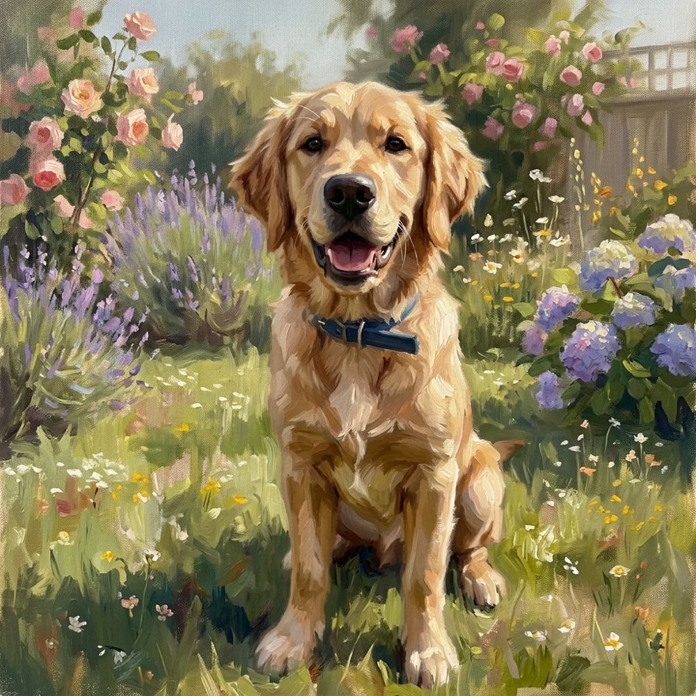 Oil in the Garden square portrait of a golden retriever