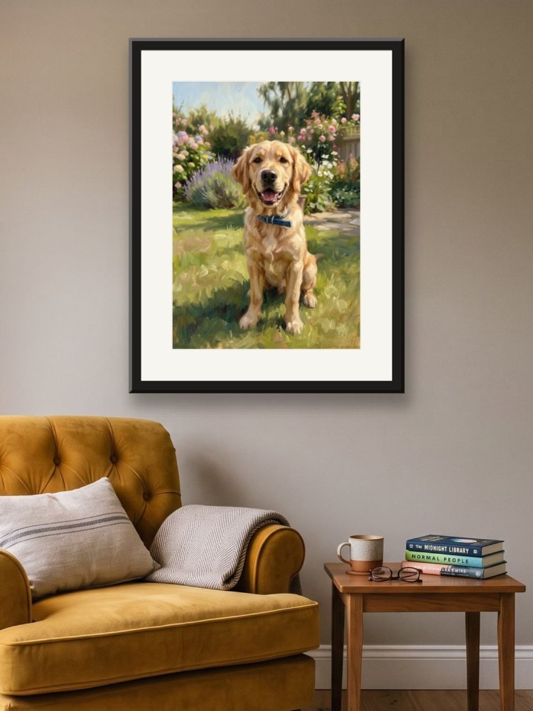 Oil in the Garden framed and hanging on a wall