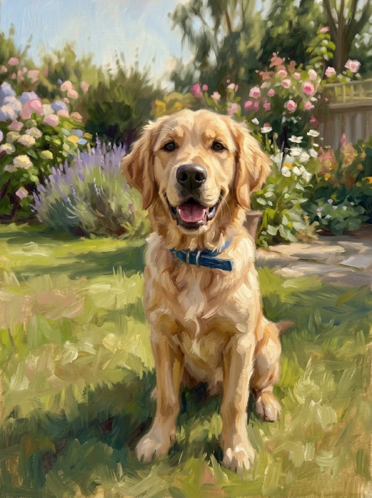 Oil in the Garden portrait of a golden retriever