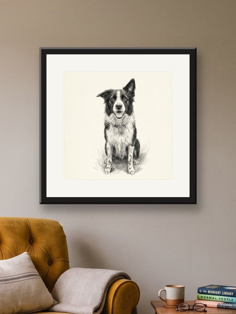 Pencil Sketch created square, in a square frame on a wall
