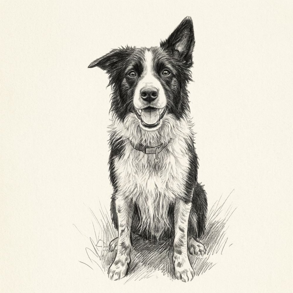 Pencil Sketch created square, of a border collie