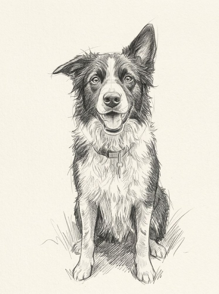 Pencil Sketch portrait of a border collie