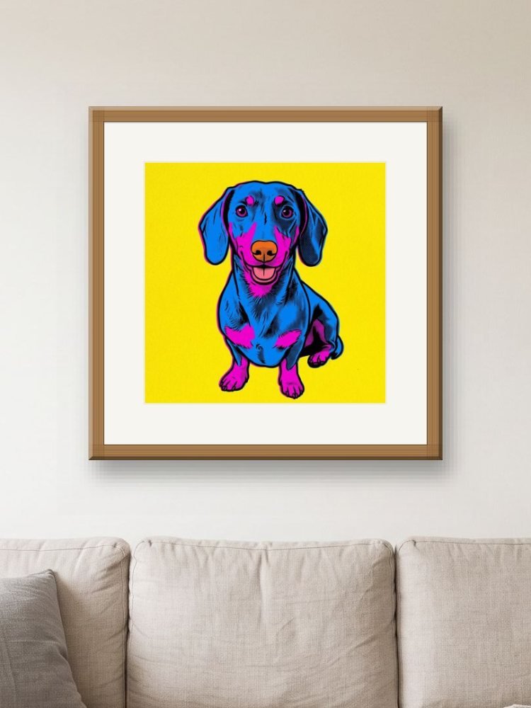 Pop Art created square, in a square frame on a wall