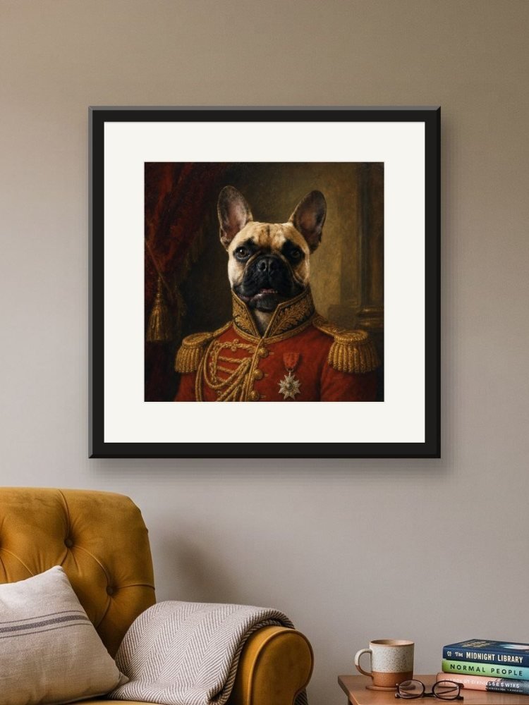 The General created square, in a square frame on a wall