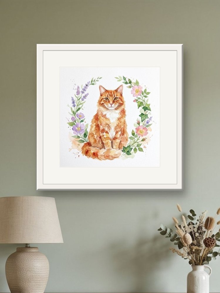 Watercolour Bloom created square, in a square frame on a wall