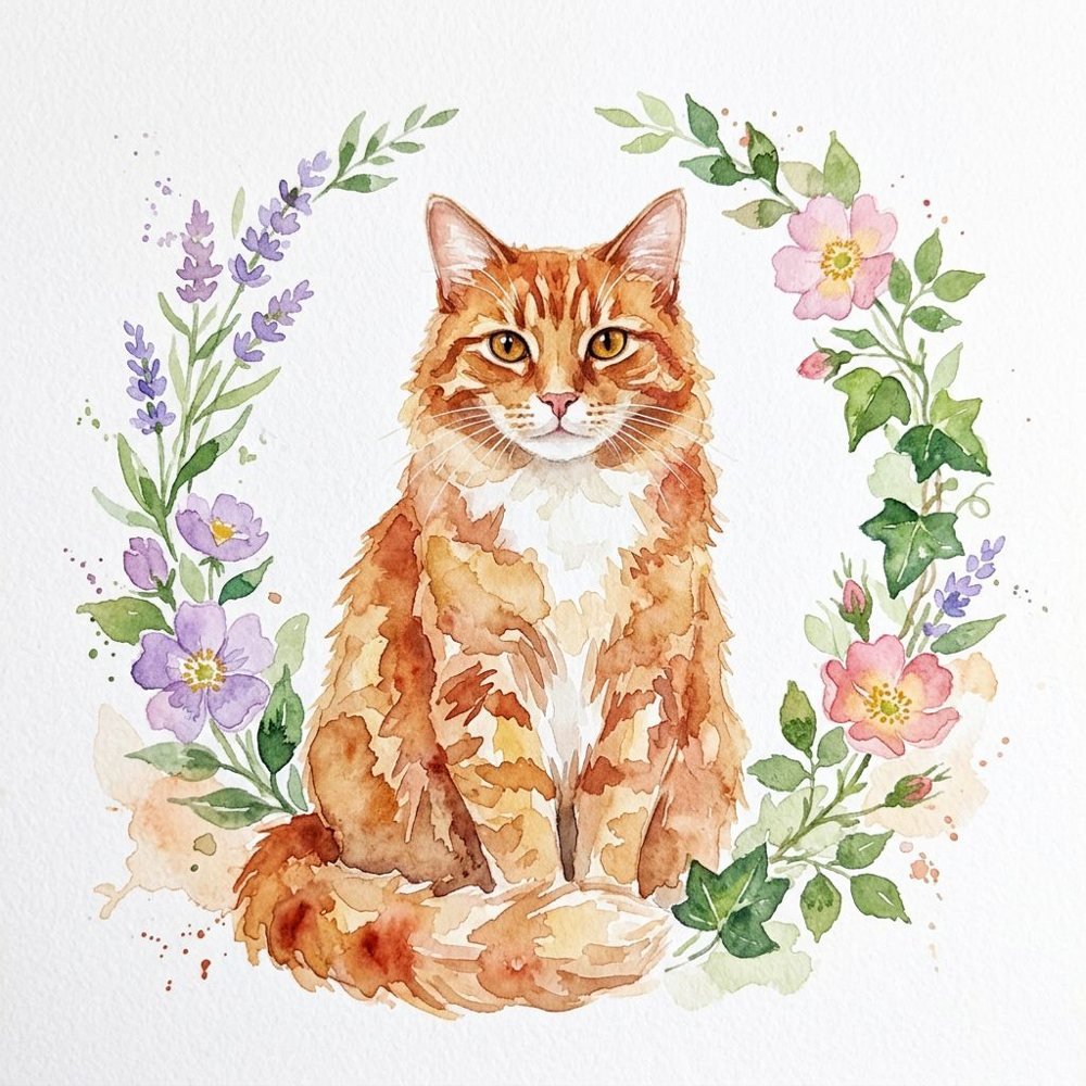 Watercolour Bloom created square, of a ginger cat