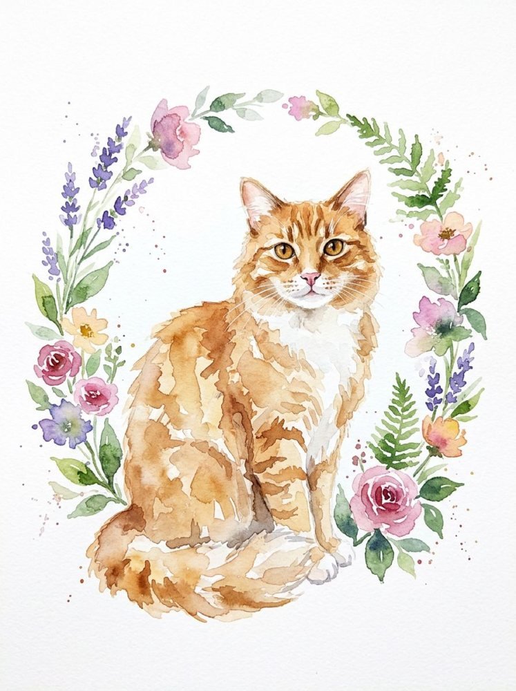 Watercolour Bloom portrait of a ginger cat