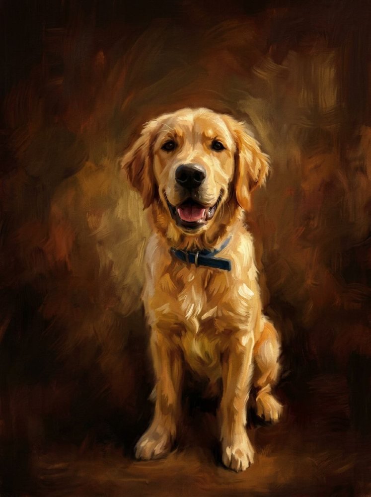 Oil painting portrait of the same golden retriever