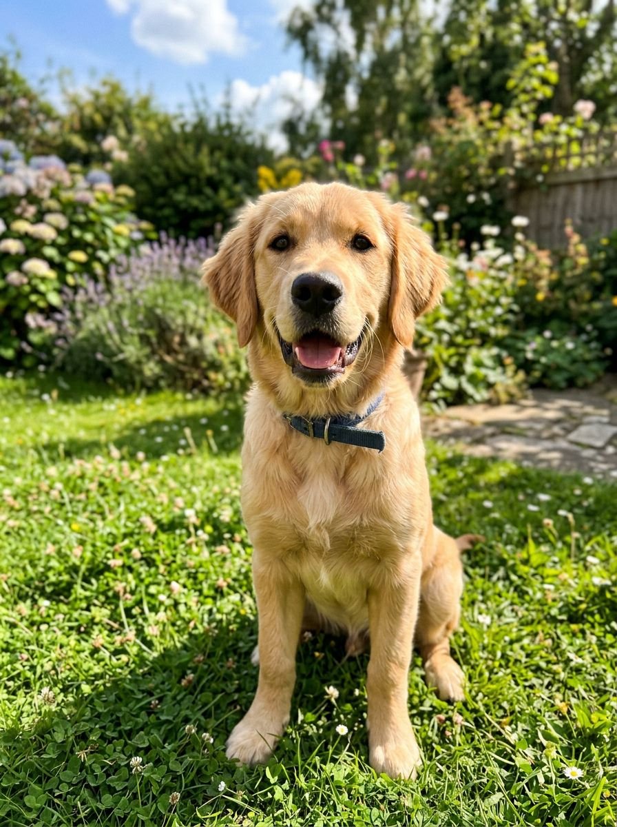 Phone photo of a golden retriever sitting in a garden