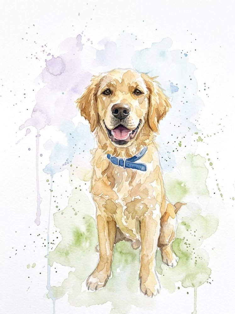 Watercolour portrait of the same golden retriever
