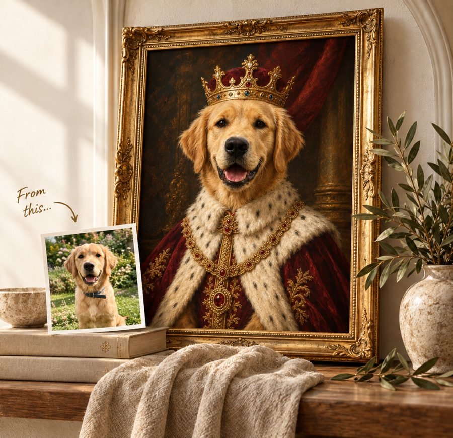A golden retriever's photo propped beside the framed regal portrait created from it