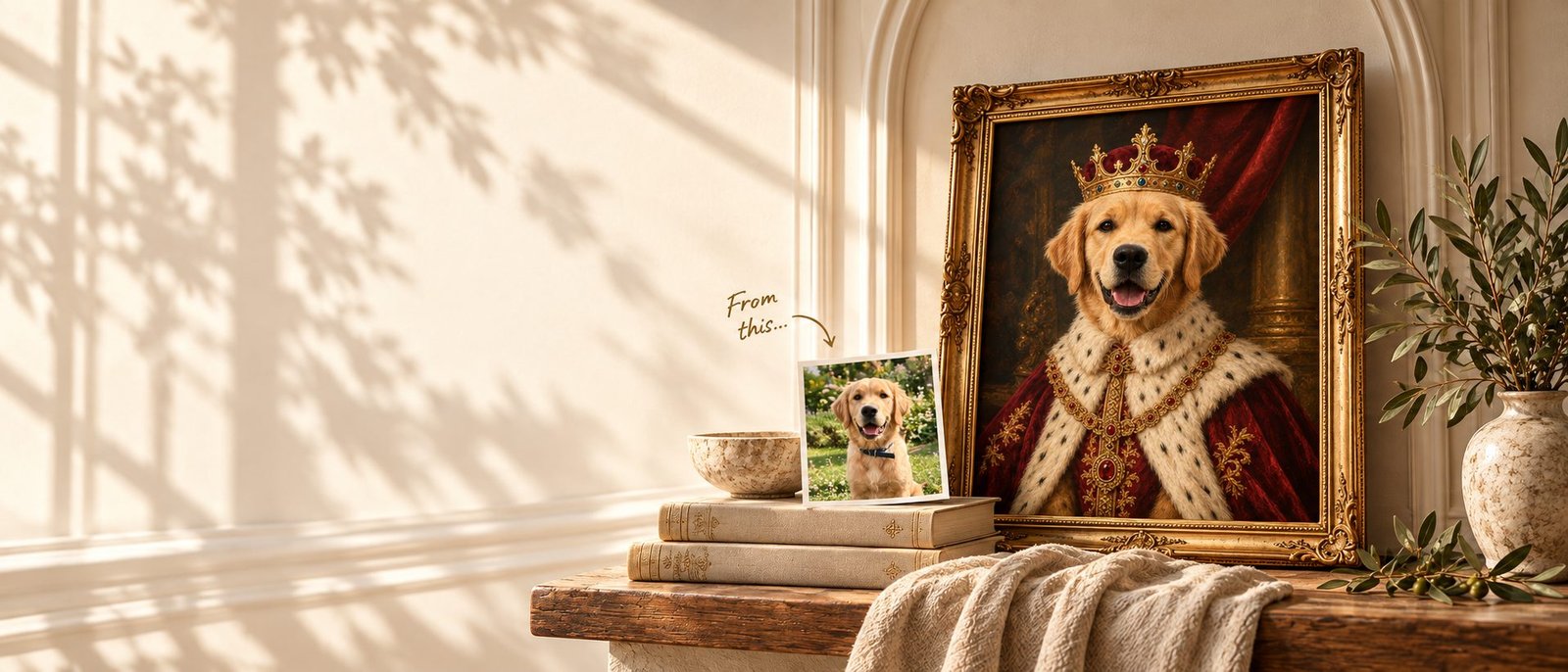 A golden retriever's photo propped beside the framed regal portrait created from it